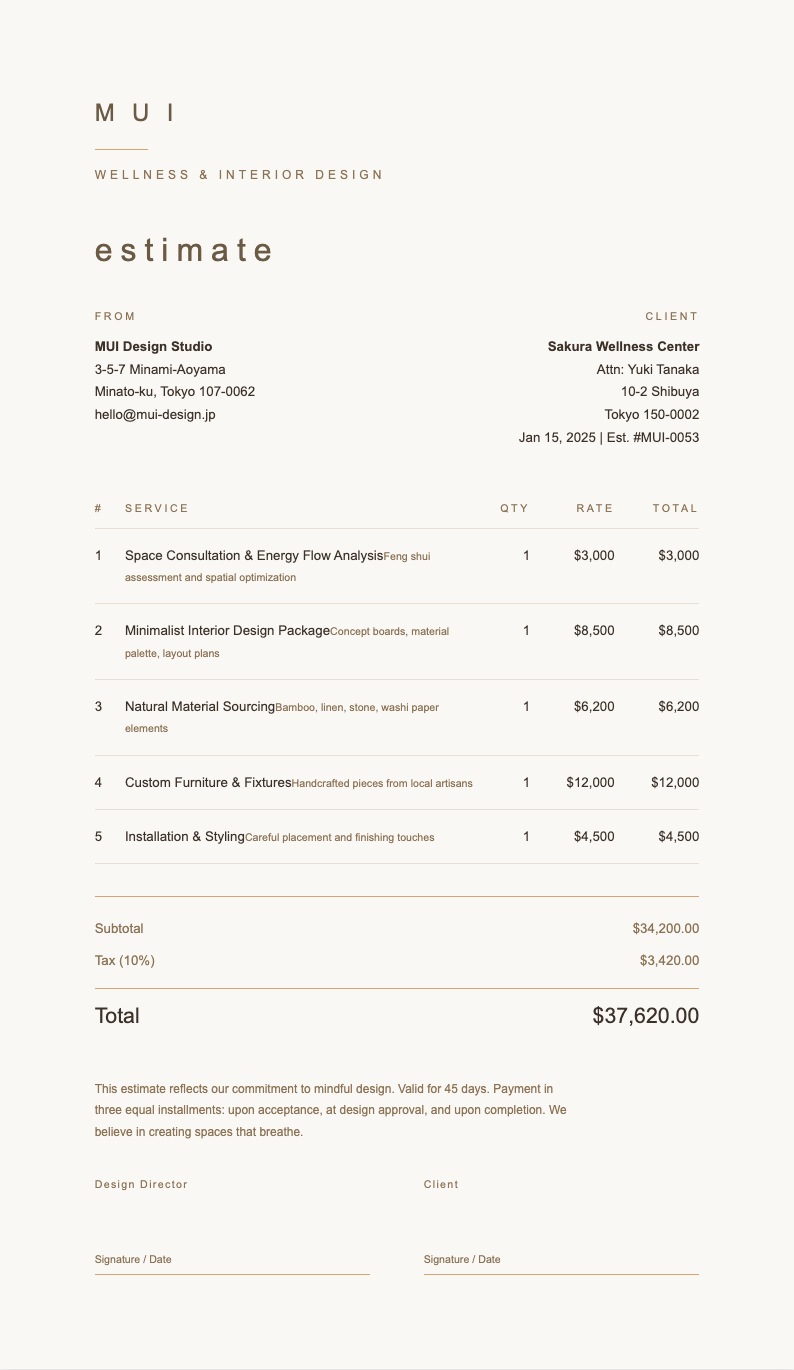 Japandi minimalist service estimate